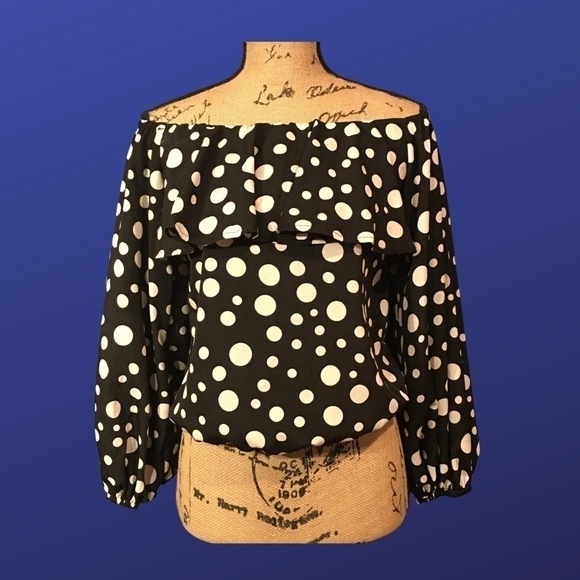 SHEIN Off Shoulder Top Peasant Blouse BLACK/WHITE POLKA DOT, Size Small, NWOT - Picture 1 of 9